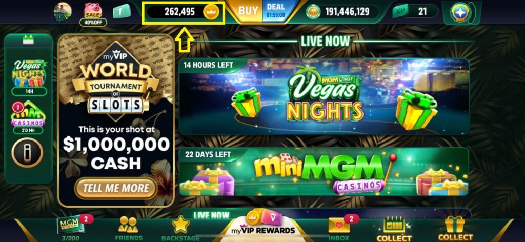 Tela do aplicativo MGM Slots Live mostrando pontos rewards acumulados que podem ser trocados por hospedagem grátis no Hotel New York-New York em Las Vegas