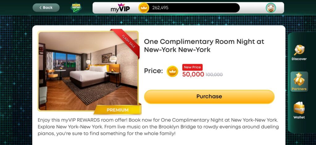 Print do aplicativo My Vegas exibindo a recompensa de 1 Complimentary Night para hotéis MGM em Las Vegas