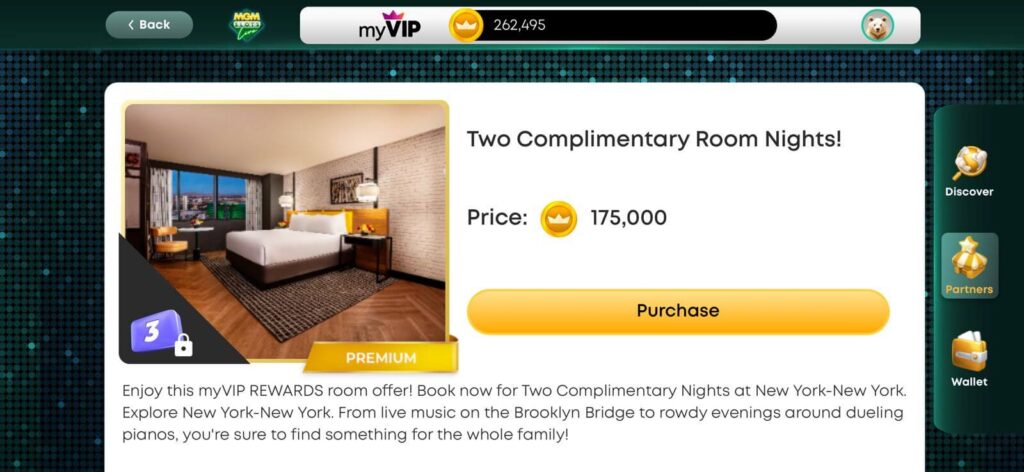 Print do aplicativo My Vegas exibindo a recompensa de 2 Complimentary Nights para hotéis MGM em Las Vegas